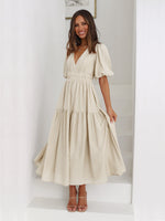 Deep V Puff Sleeve Solid Color Pleated Slim Simple Dress Wholesale Dresses