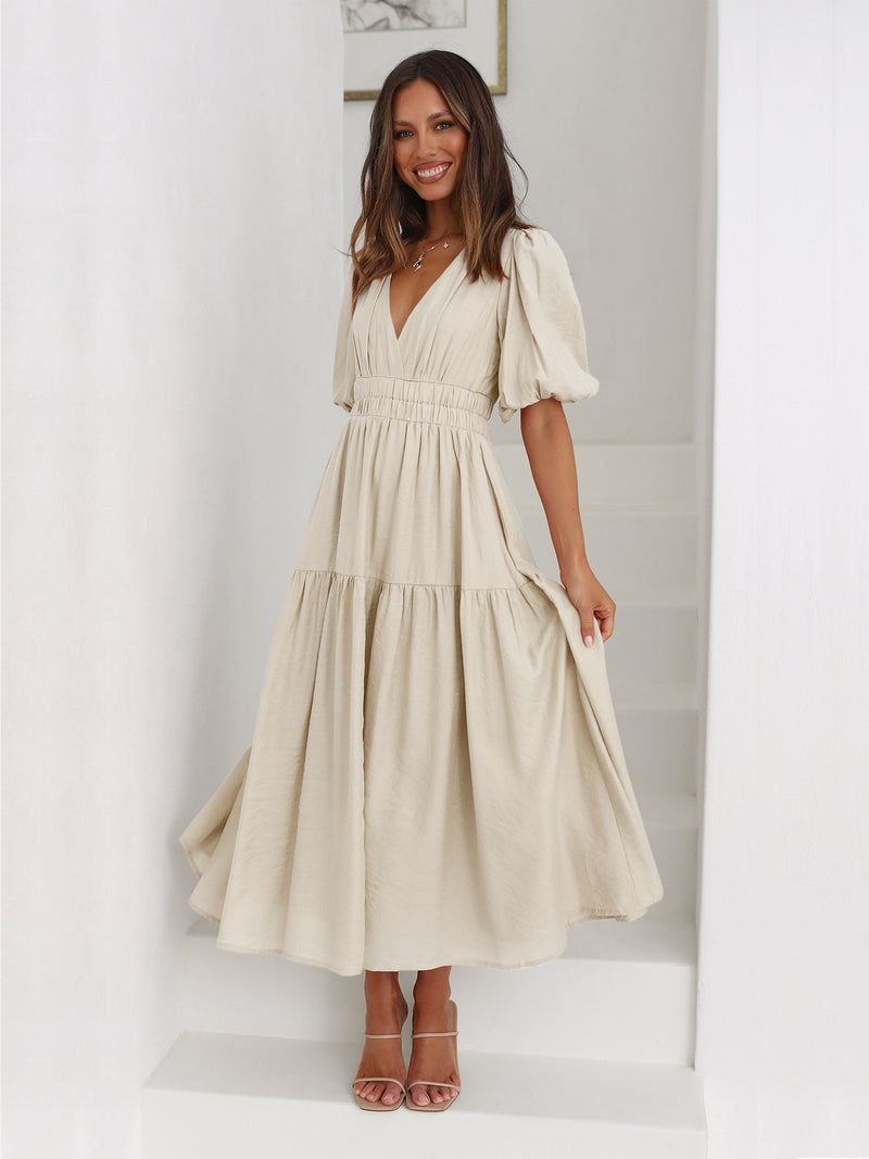 Deep V Puff Sleeve Solid Color Pleated Slim Simple Dress Wholesale Dresses