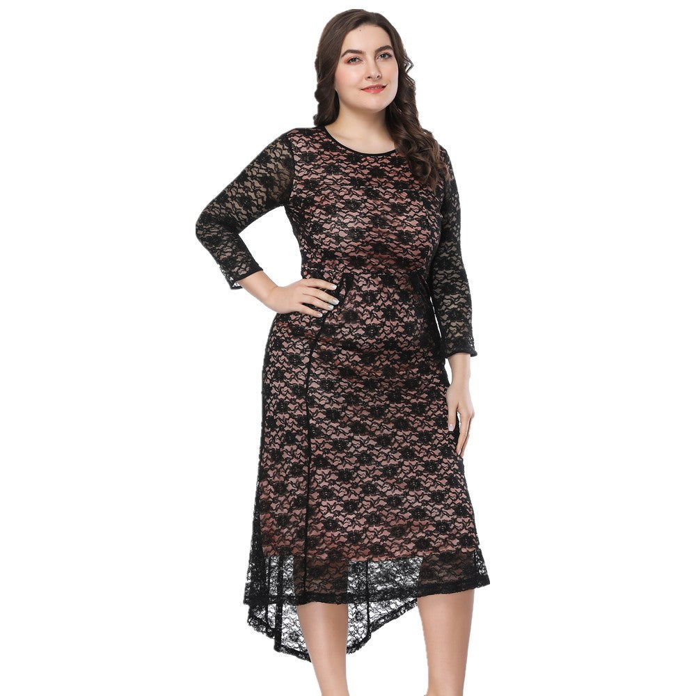 Wholesale Plus Size Clothing Short Front And Long Back High Waisted Lace Dresses