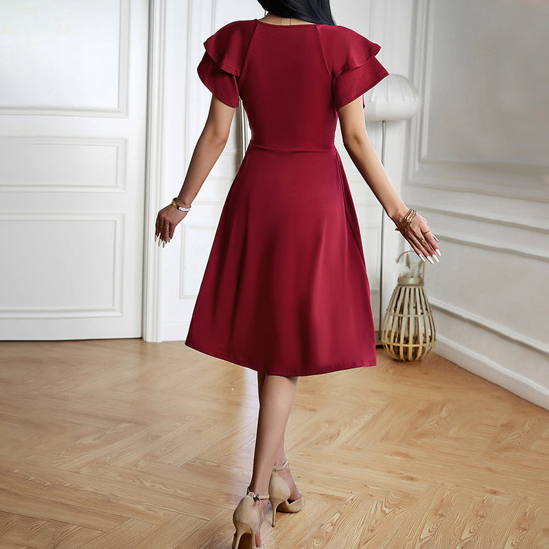 Elegant Flower Petal Sleeve V-Neck Mid-Length Dress Wholesale Dresses