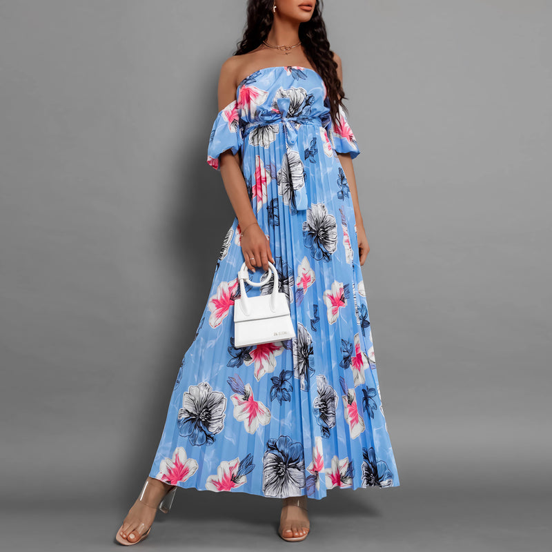 Fashion Sexy Off-Shoulder Pleated Printed Slip Sleeve Maxi Dresses Wholesale Womens Clothing N3824052000103