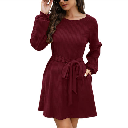 Casual Long Sleeve Solid Color Ribbed Knit Dress Or With Belt Wholesale Dresses