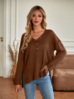 Solid Colour V-Neck Loose Long Sleeve Knitted Sweater Wholesale Womens Tops