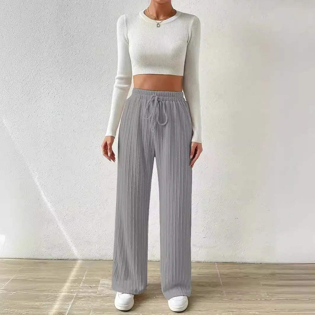 Textured Knit Wide Leg Pants High Waist Solid Color Straight Pants Wholesale Womens Clothing N3824080900024