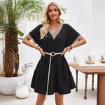V-Neck Lace Belt Waisted Casual Dress Wholesale Womens Clothing N3824041600054