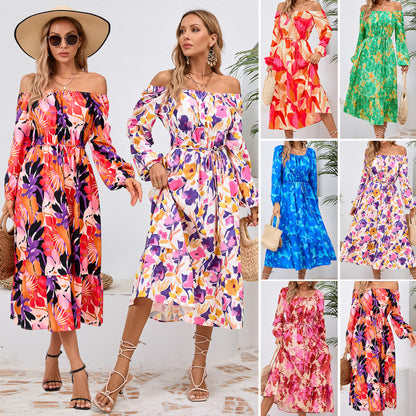 Long Sleeve Printed Fitted Midi Dresses Wholesale Womens Clothing N3824070500014