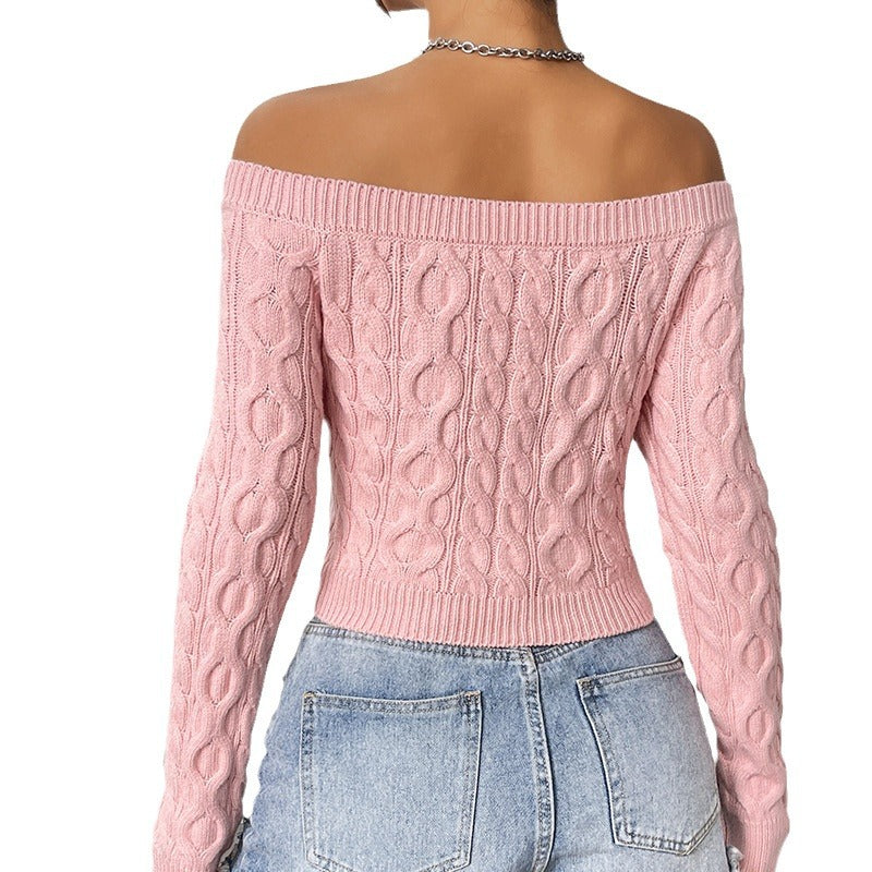 Solid Colour Sexy Cropped Pink One Neck Strapless Knitted Sweater Wholesale Womens Clothing N3824091200154