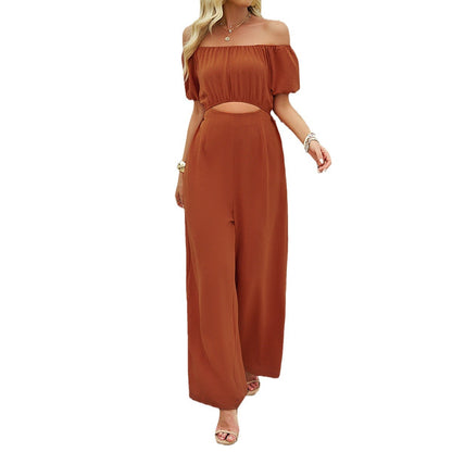 Casual Solid Color Short Sleeve Off-Shoulder Wide Leg Jumpsuit Wholesale Womens Clothing N3824072000205