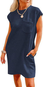 Round Neck Pocket Short Sleeve Loose Dresses Wholesale Womens Clothing N3824061200011