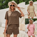 Loose Round Neck Solid Color Short Sleeve Tops and Shorts Set of 2 Wholesale Womens Clothing N3824041600035