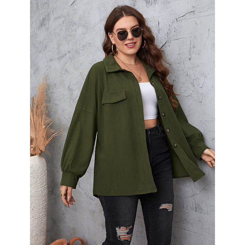 Plus Size Shirts Solid Color Pocket Balloon Sleeve Fold Collar Tops Wholesale Womens Clothing N3824080300062