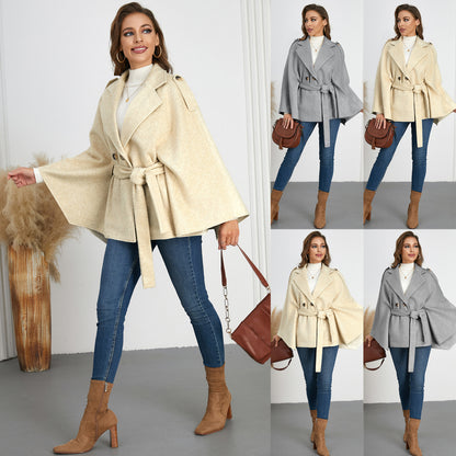 Woolen Coat Lapel Thin Strap Slim Cape Jackets Wholesale Womens Clothing N3824110900062