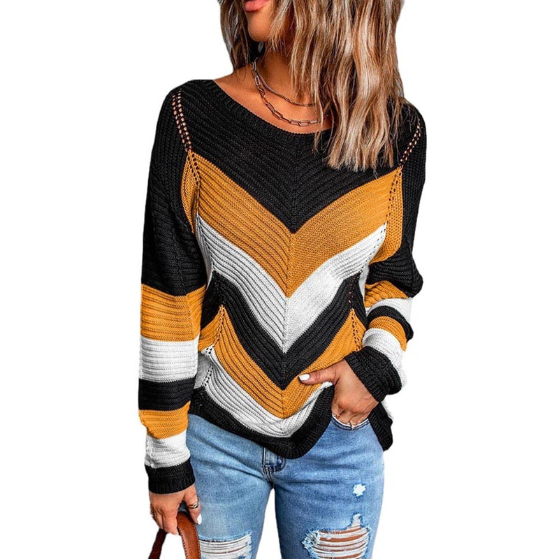 Fashion Color Blocking Loose Pullover Knit Sweater Wholesale Womens Tops