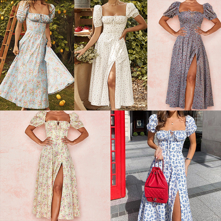 Fashion Short Sleeve French Floral Square Neck Slim Split Dresses Wholesale Dresses