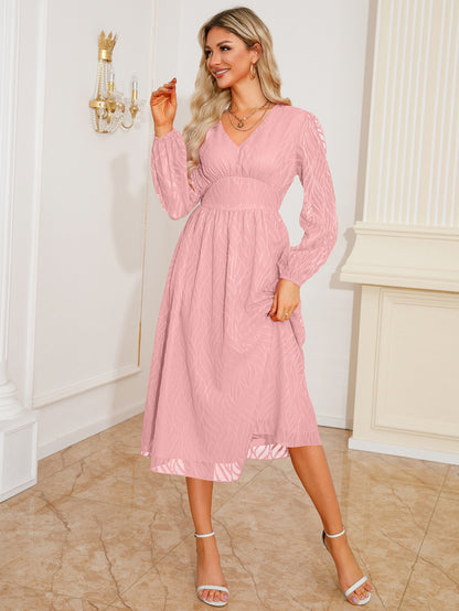 Vintage V-neck Jacquard Dress Long Sleeve Hem A-line Dresses Wholesale Womens Clothing N3824091200186