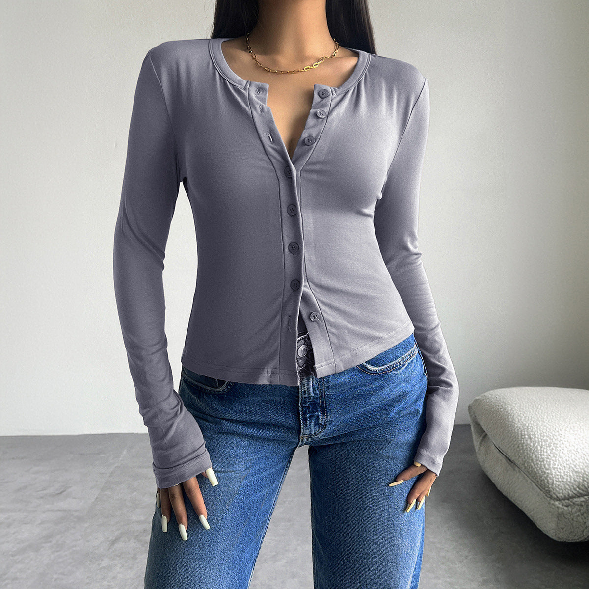 Solid Color Cardigan Ribbed Long Sleeve Blouses Wholesale Womens Clothing N3824080700057