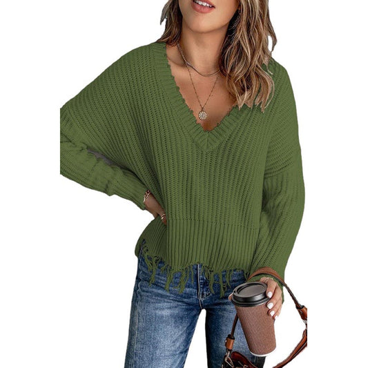 Loose Solid Color Fringe Hem Long Sleeve Pullover Knit Sweater Wholesale Womens Tops