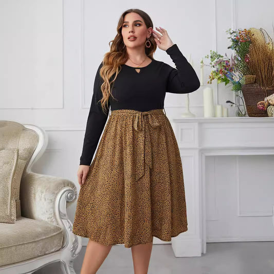 Fashion Leopard Print Plus Size Dresses With Belt Loose Long Sleeve Wholesale Womens Clothing