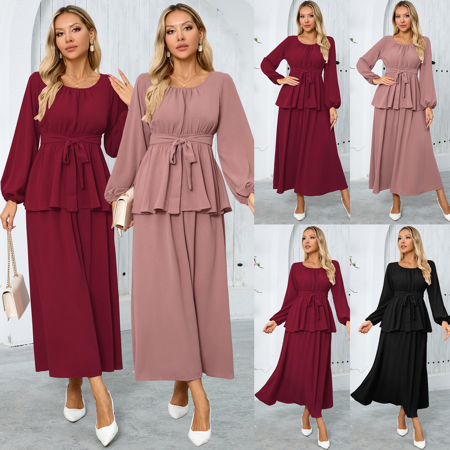 Elegant Round Neck Lantern Long Sleeve Tops Skirts 2-Piece Set Wholesale Womens Clothing N3824082300048