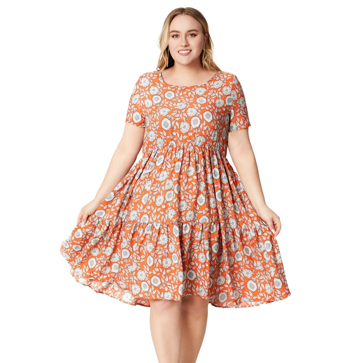 Plus Size Round Neck Short Sleeve Floral Printed Viscose Dresses Wholesale Womens Clothing N3824080300041