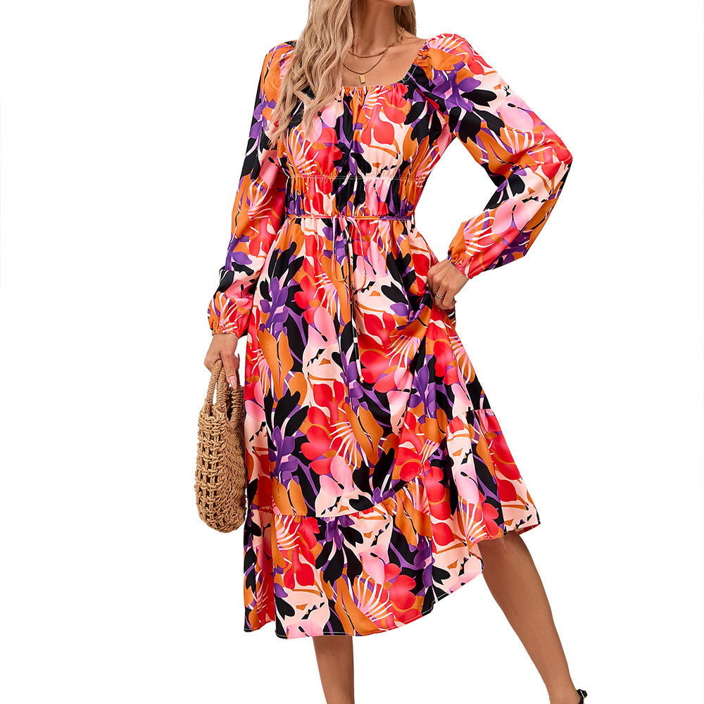 Long Sleeve Printed Fitted Midi Dresses Wholesale Womens Clothing N3824070500014