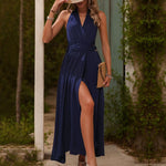 Solid Color Backless Halter Neck Slit Maxi Dresses Wholesale Womens Clothing N3824050700004