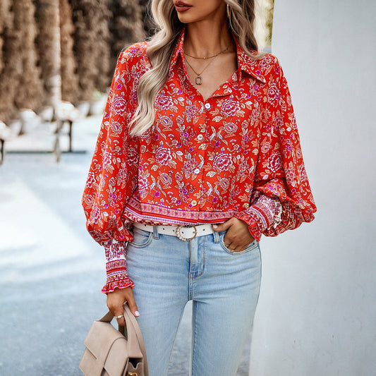 Bohemian Print Casual Balloon Sleeve Shirt Wholesale Women'S Top