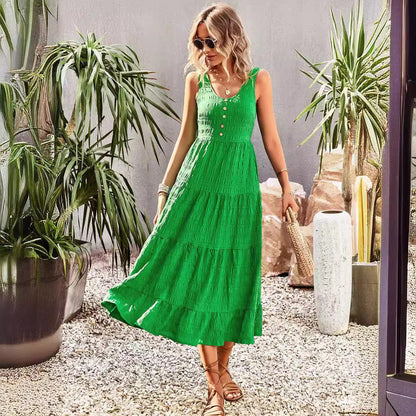 U Neck Temperament Elegant A-line Halter Long Solid Color Dress Wholesale Womens Clothing N3824060600023