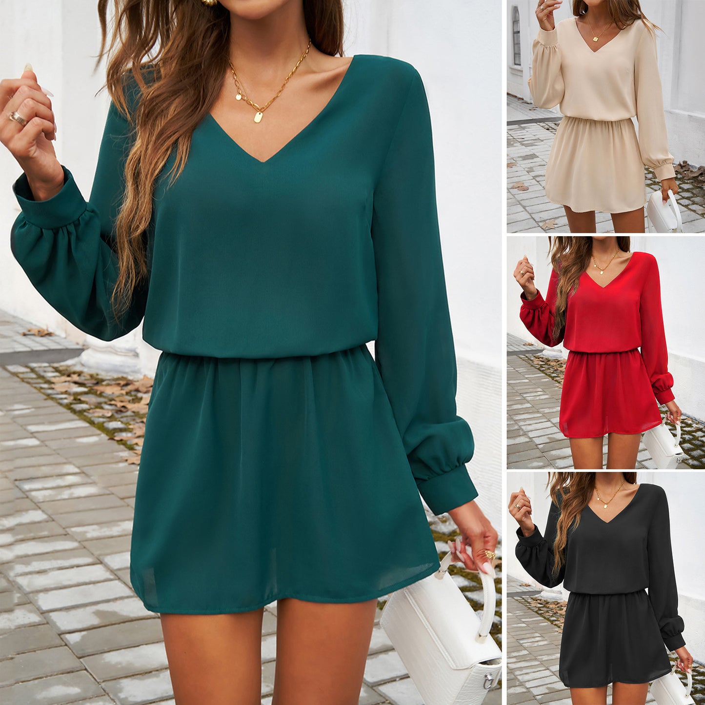 Casual Solid Long Sleeve V-Neck Waist Dresses Wholesale Womens Clothing N3824071500018