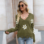 Distressed Flower V-Neck Pullover Sweater Long Sleeve Loose Knit Wholesale Womens Clothing N3823110200038