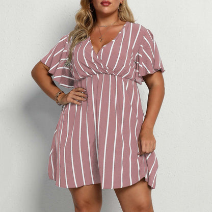 Plus Size Striped V-Neck Short Sleeve Waisted Dresses Wholesale Plus Size Womens Clothing N3824052500001