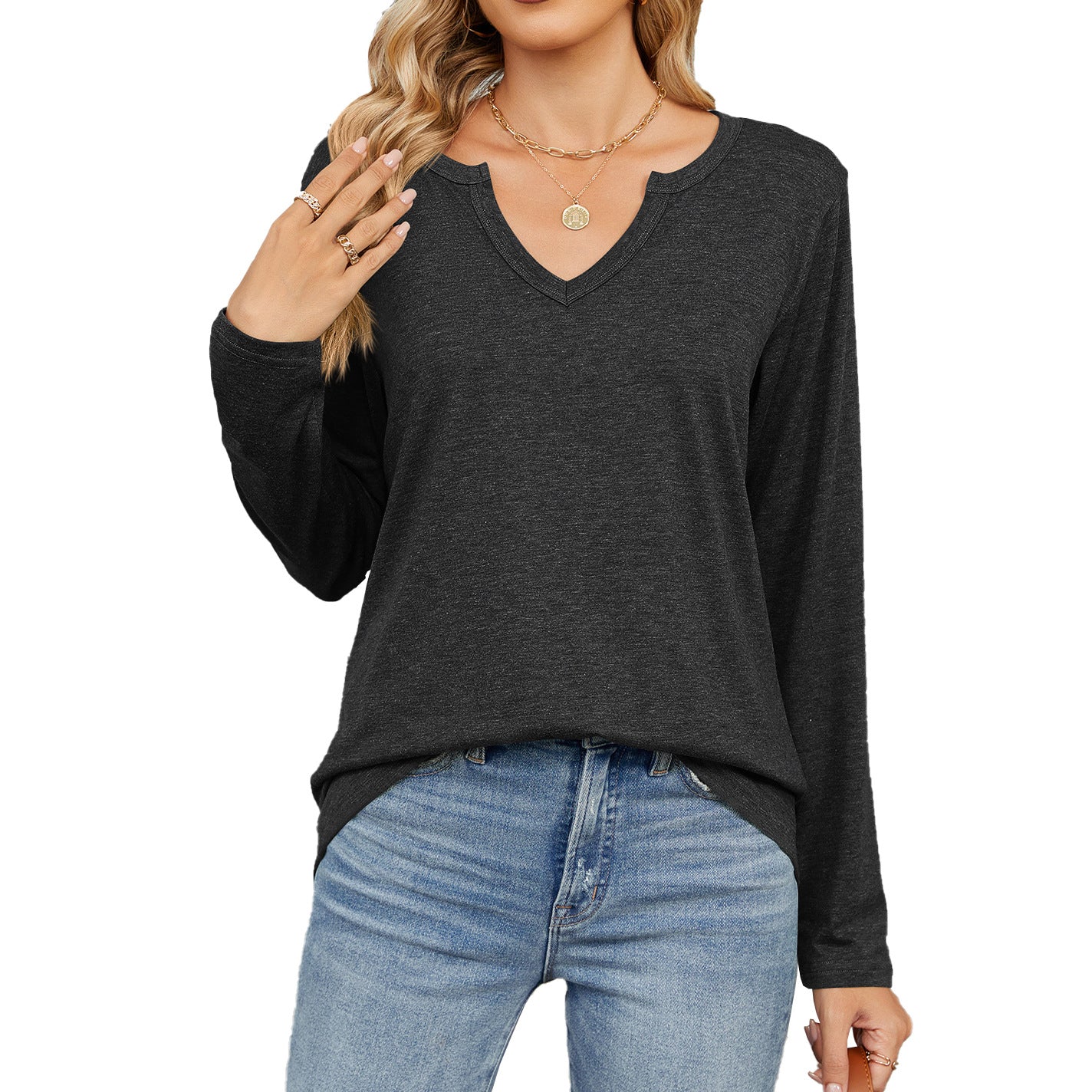 V-Neck Long Sleeve Loose T-Shirts Solid Color Tops Wholesale Womens Clothing N3824072900064