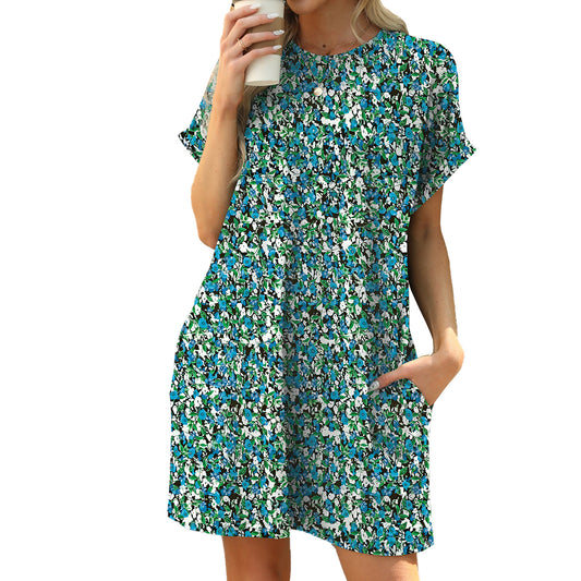 Loose Round Neck Short Sleeve Printed Pocket Dresses Wholesale Womens Clothing N3824121200042