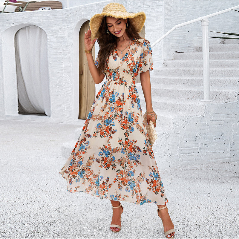 Women's Elegant Floral Waist Short Sleeve Maxi Dresses Wholesale Womens Clothing N3823122900112