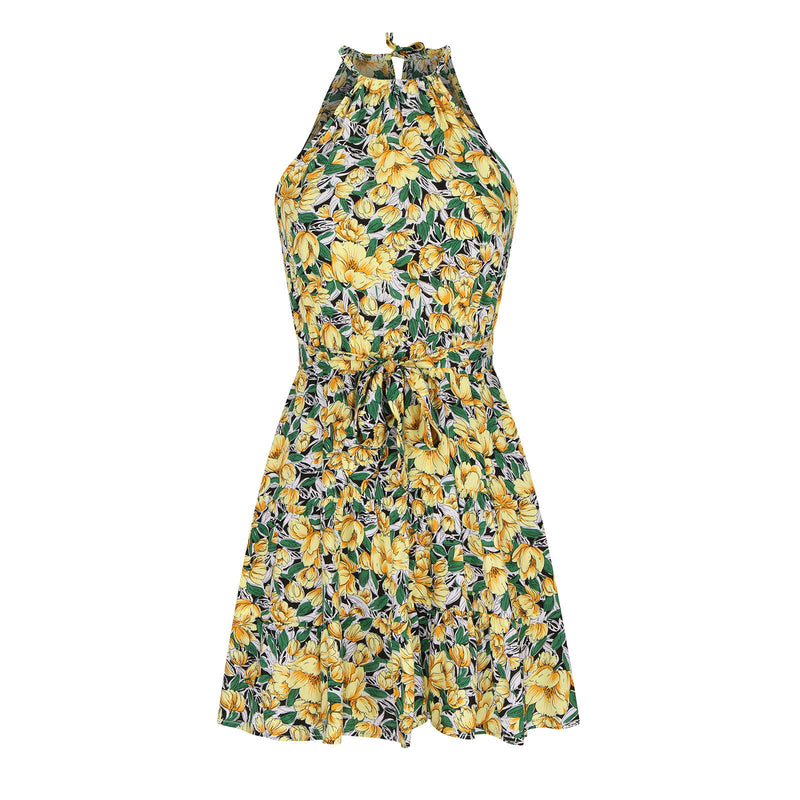 Ruffle Off-The-Shoulder Lace-Up Slim Floral Dress Wholesale Dresses