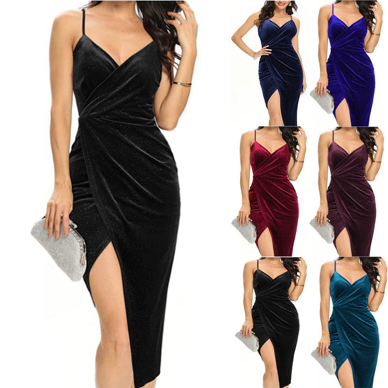Nightclub Style Sexy Split Gold Velvet Halter Dress Wholesale Dresses V5923070600021