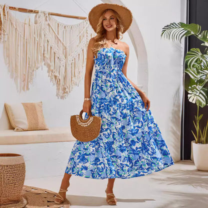 Printed Smocked Halter Neck Maxi Dresses Wholesale Womens Clothing N3824050700045