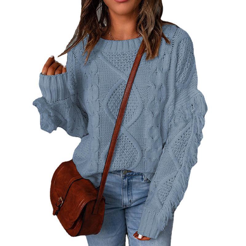 Loose Solid Color Long Sleeve Ribbed Tassel Crew Neck Knit Sweater Wholesale Womens Tops