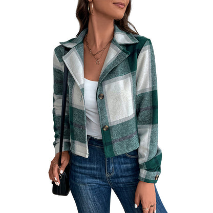 Fall Long Sleeve Cropped Lapel Plaid Jackets & Coats Wholesale Womens Clothing N3824080900018