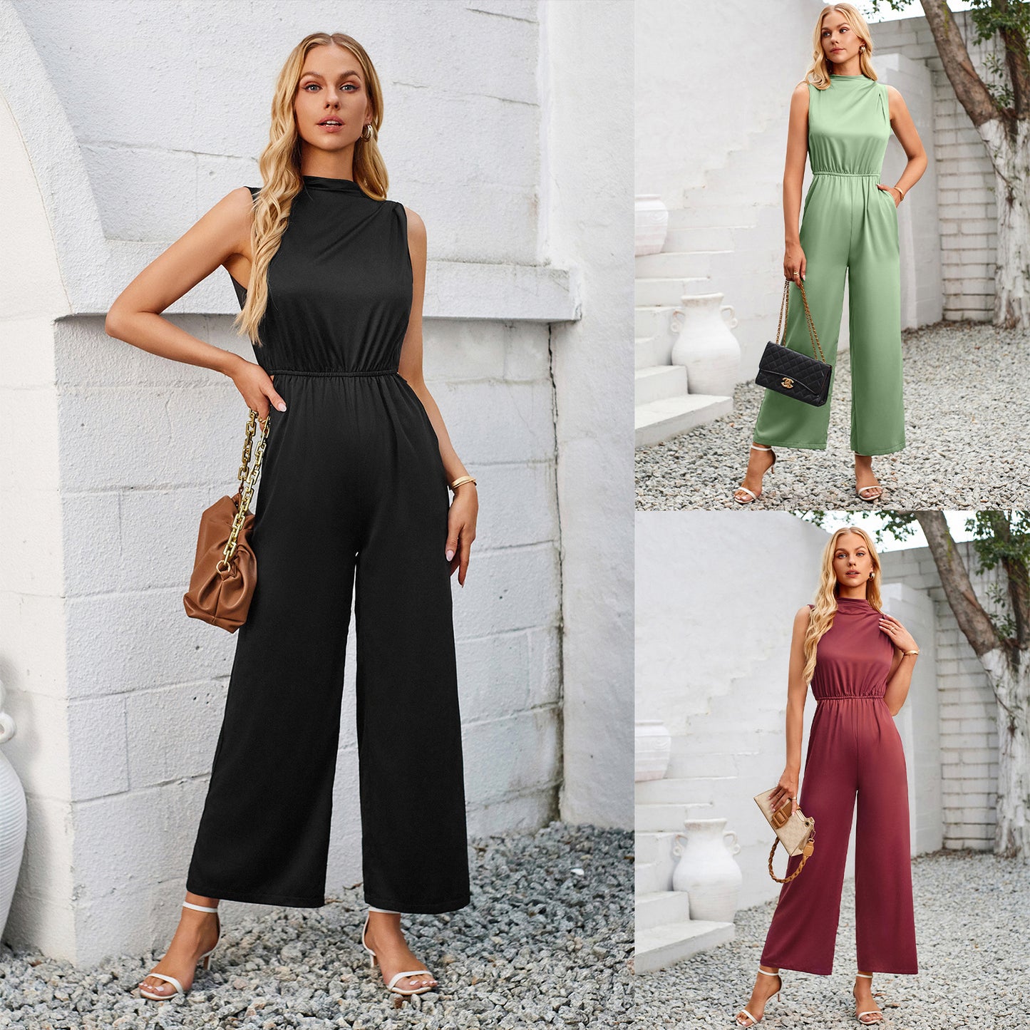 Stacked Neck Solid Color Sleeveless Jumpsuit Wholesale Womens Clothing N3824050700069