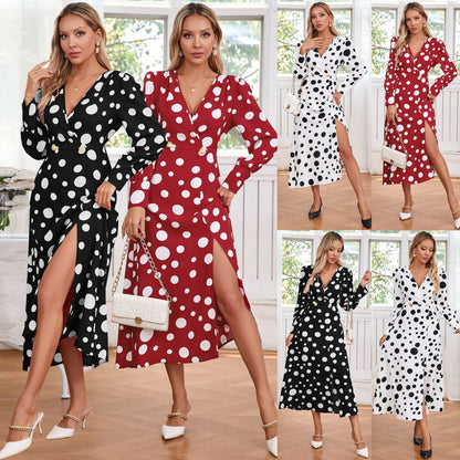 Elegant Slim Temperament Spot Print V-Neck Slit Dress Wholesale Womens Clothing N3824091200185