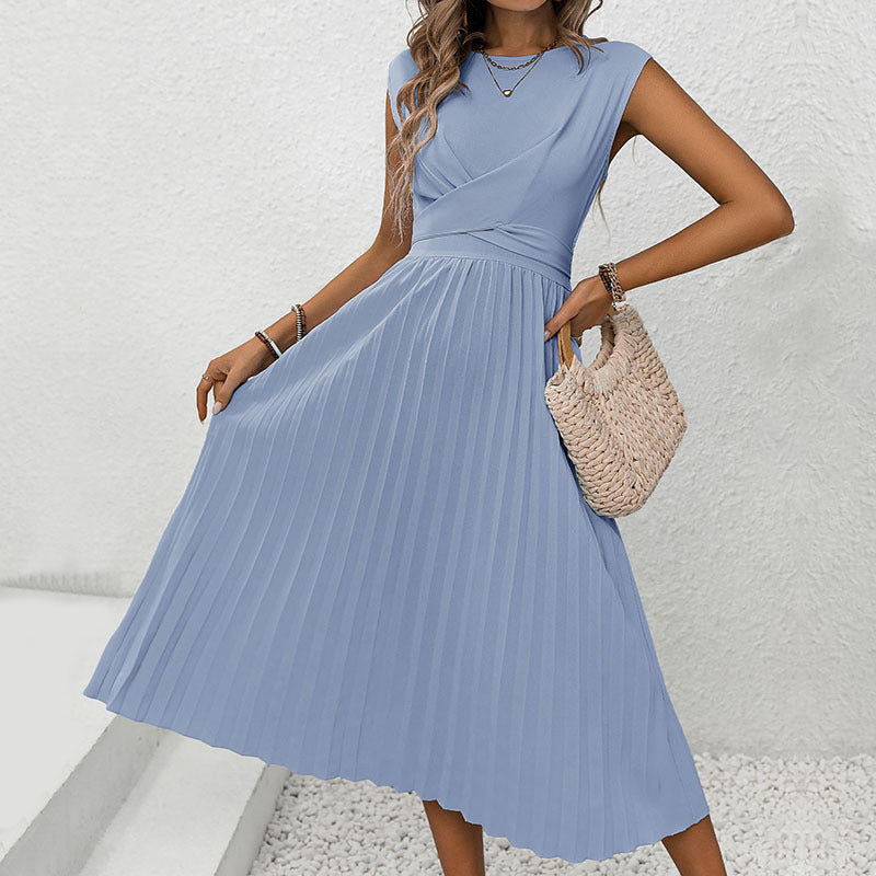 Solid Color Pleated Sleeveless Tie Maxi Dresses Wholesale Womens Clothing N3824050700026