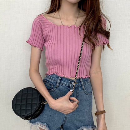 Fashion Solid Color Short Sleeve Ribbed Slim Thin Tops Wholesale Womens Tops