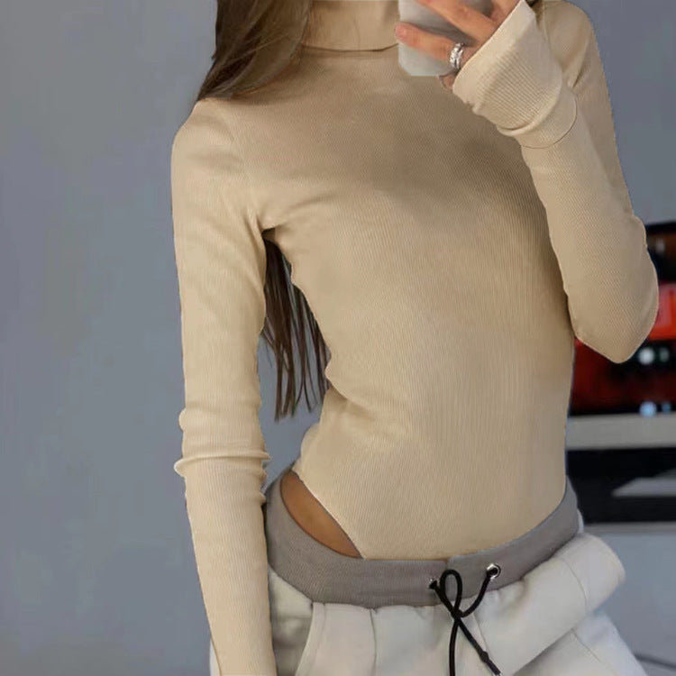 Pit Strip Knitted Turtleneck Long Sleeve Bodysuits Wholesale Womens Clothing