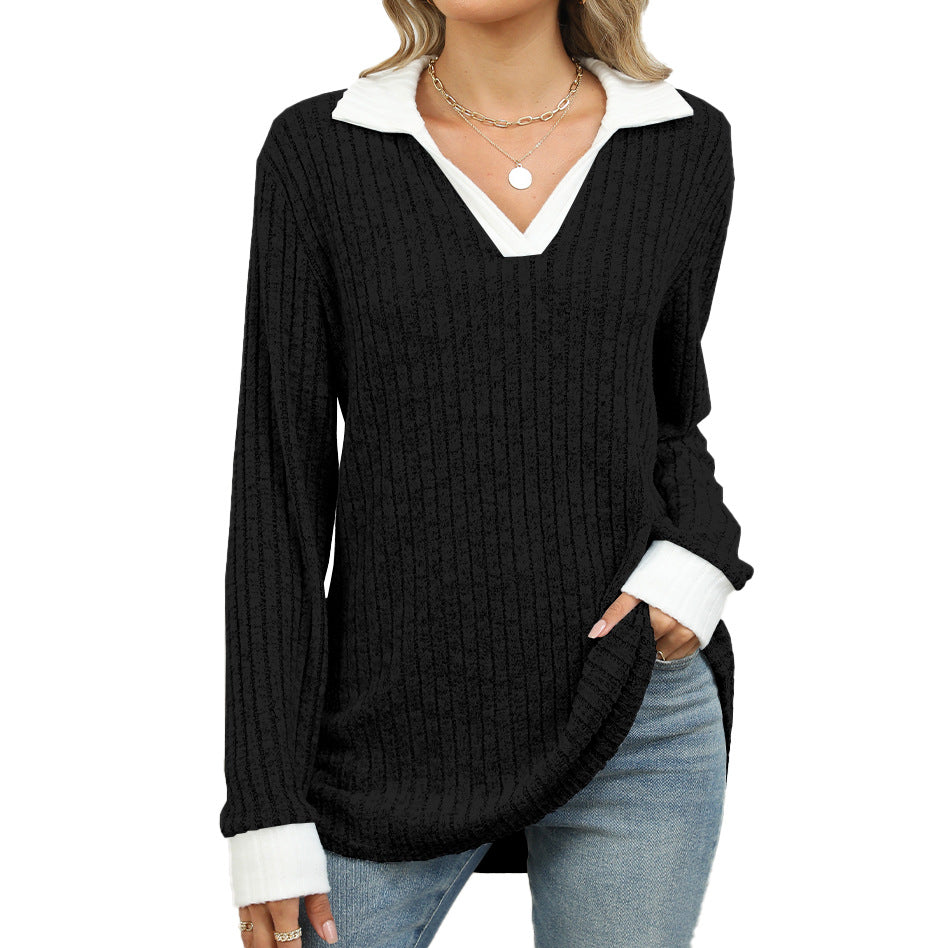 Contrast Color Lapel Long Sleeve Loose Sweaters Tops Wholesale Womens Clothing N3824072900053