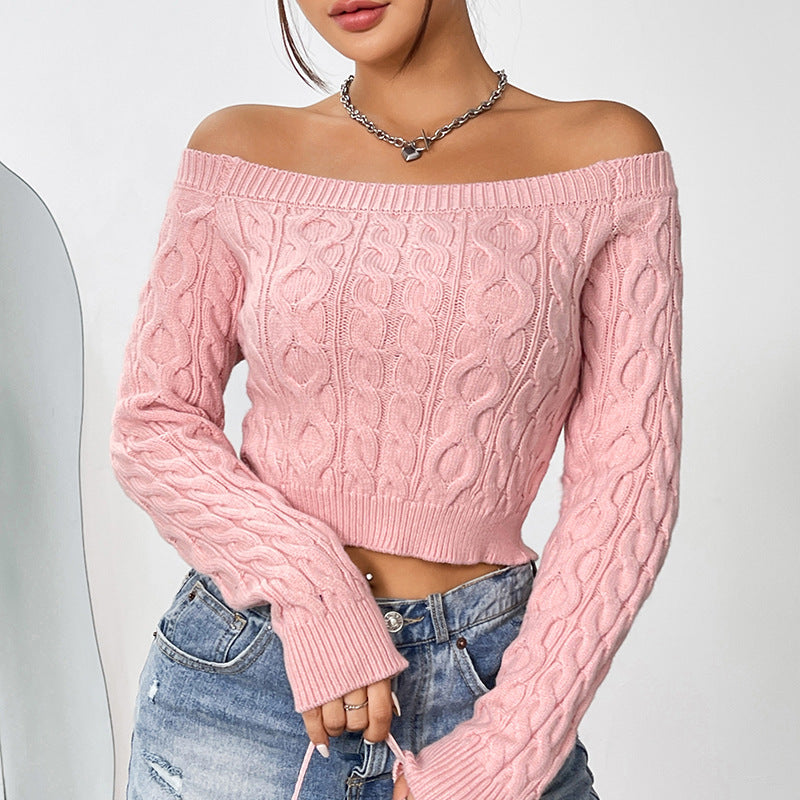 Solid Colour Sexy Cropped Pink One Neck Strapless Knitted Sweater Wholesale Womens Clothing N3824091200154