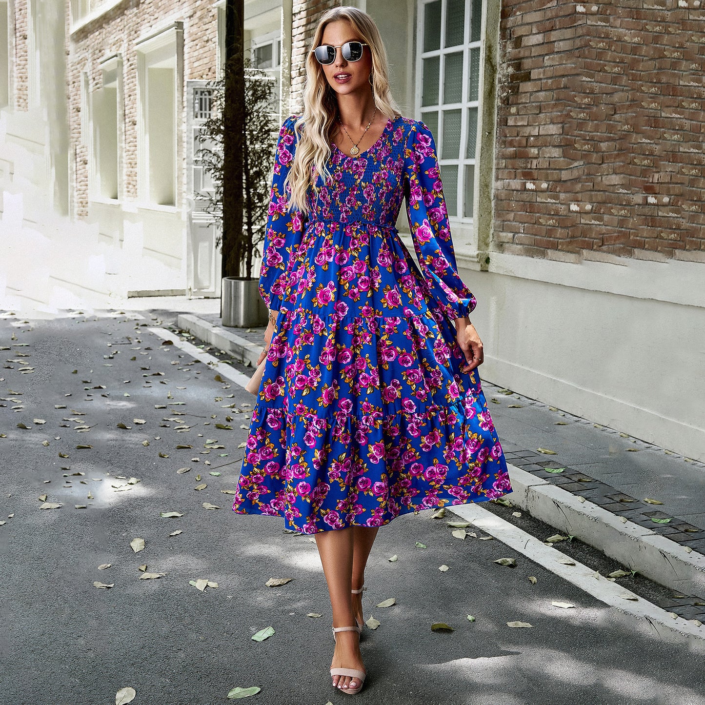 Floral Full Print Long Sleeve V-Neck Wooden Ear Trim Long Dresses Wholesale Dresses