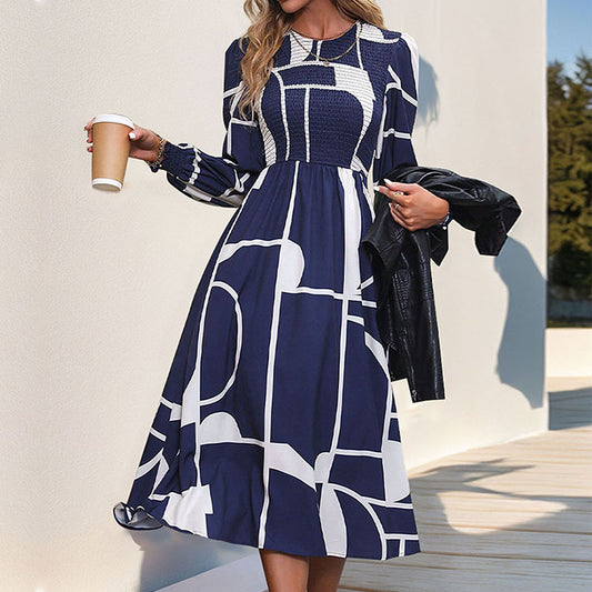 Long Sleeve Printed Smocked Dresses Wholesale Womens Clothing N3824070500037