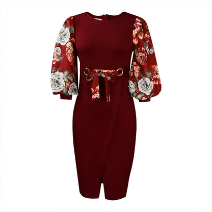 Temperament Floral Print Long Sleeve Bow Dress Wholesale Dresses