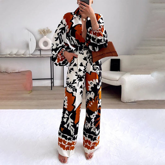 Fashion Temperament Printed Lapel Straight Leg Jumpsuit Wholesale Womens Clothing N3824080500026